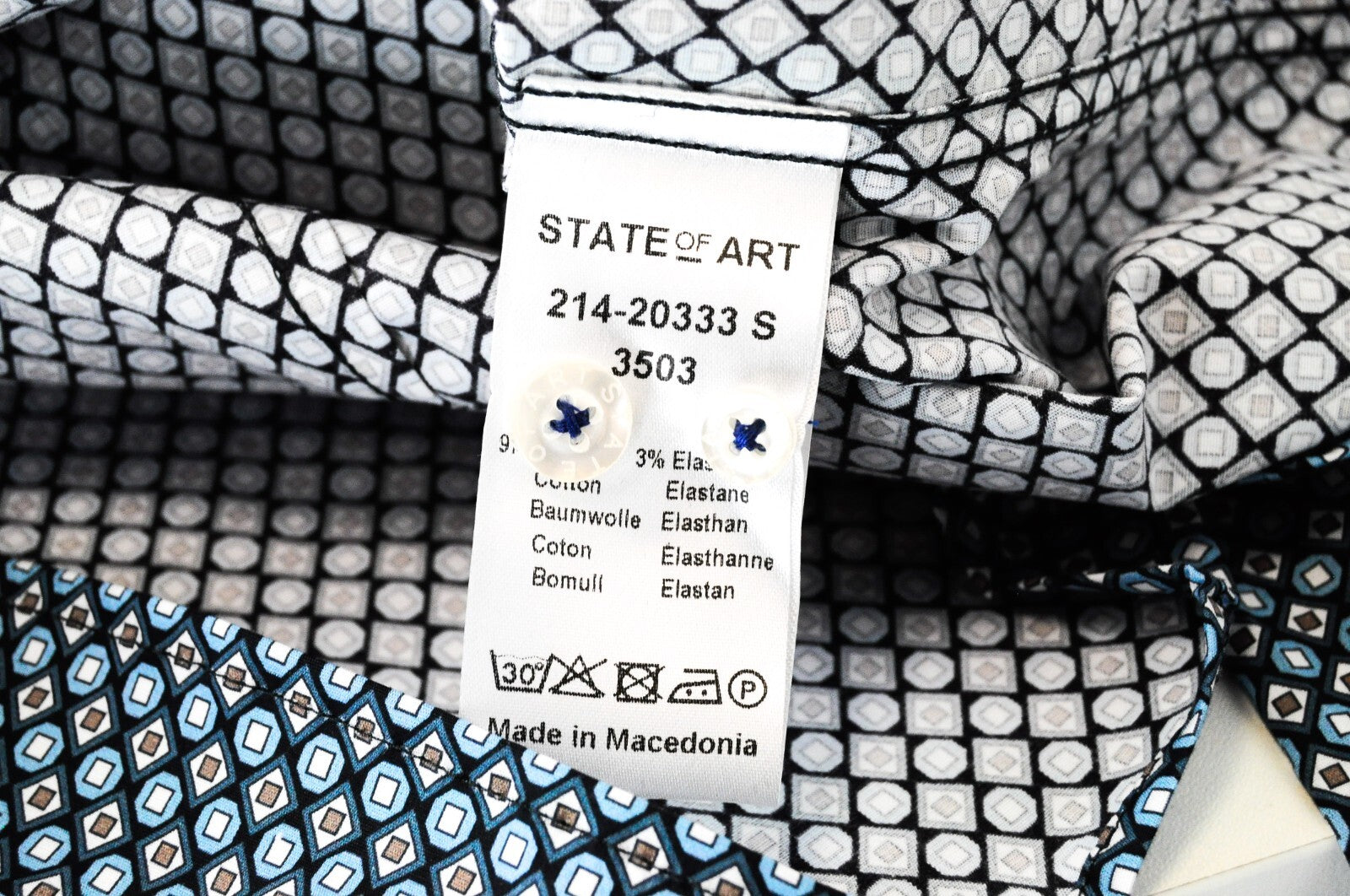 STATE OF ART Mens Shirt S Blue Stretchy Cotton Long Sleeve Collared Patterned