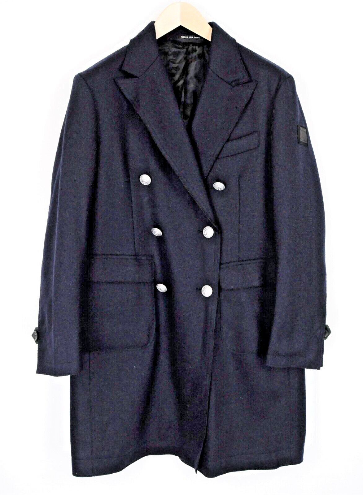 REPLAY Mens Coat 48 Navy Double-Breasted Wool Lined Long Sleeve Peak Collar