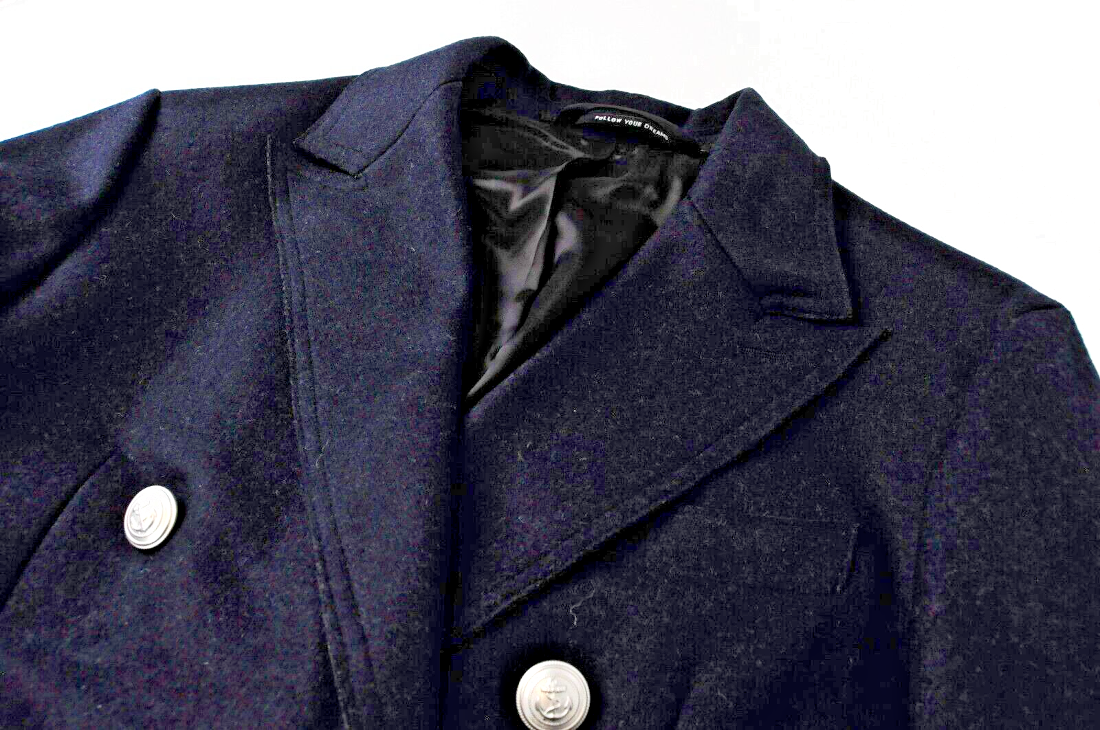 REPLAY Mens Coat 48 Navy Double-Breasted Wool Lined Long Sleeve Peak Collar
