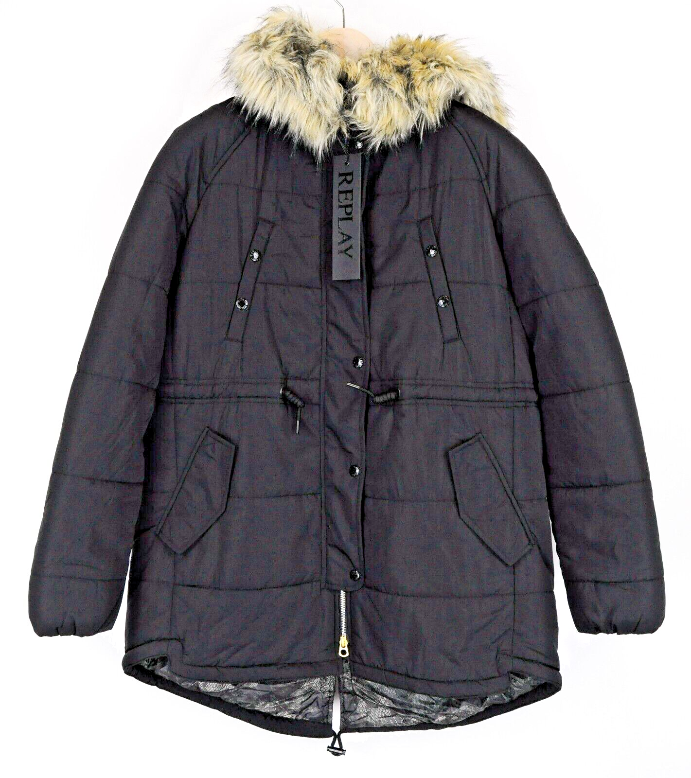 REPLAY Womens Jacket M Black Faux Fur Lined Hooded Padded Parka Long Sleeve