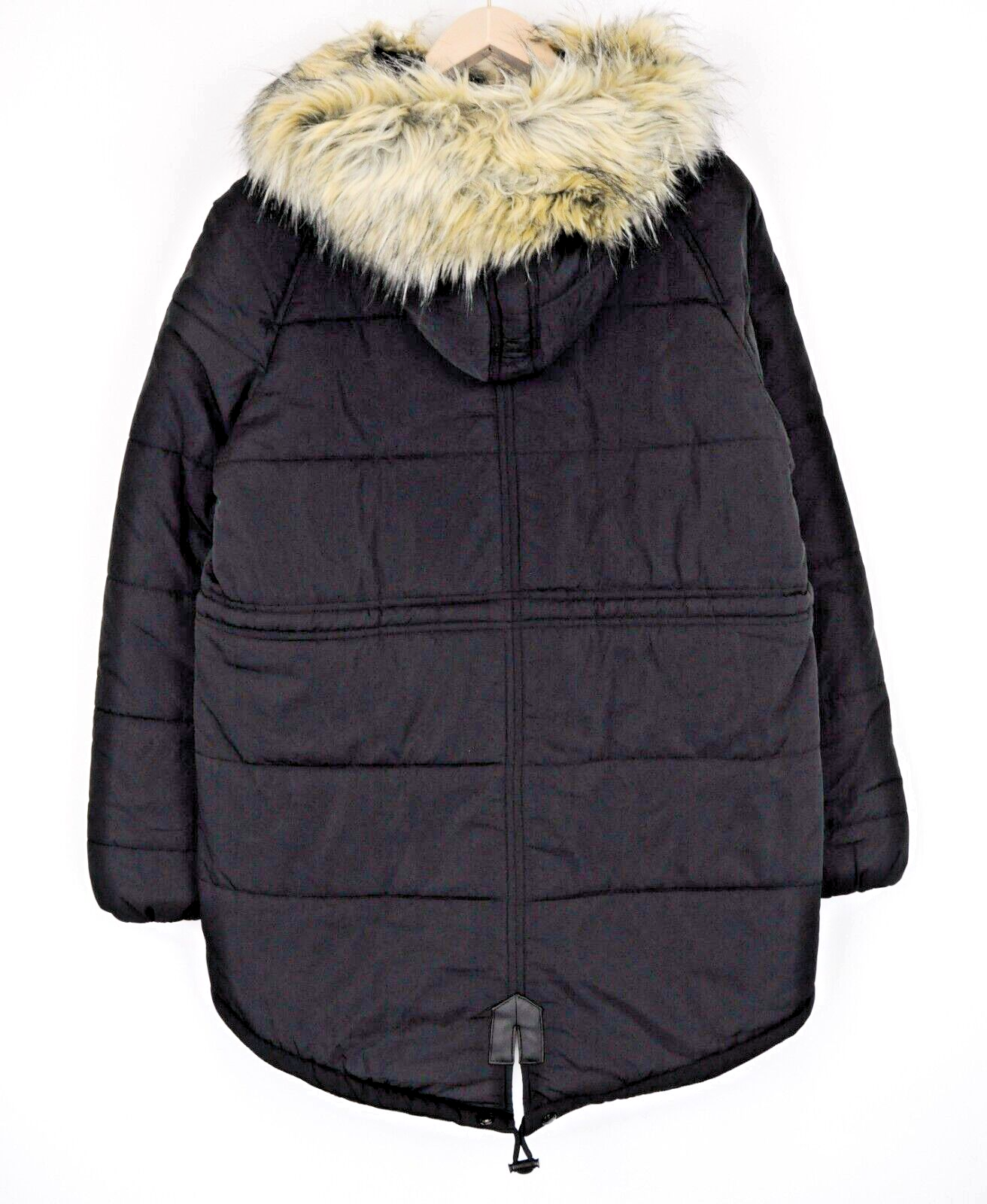 REPLAY Womens Jacket M Black Faux Fur Lined Hooded Padded Parka Long Sleeve