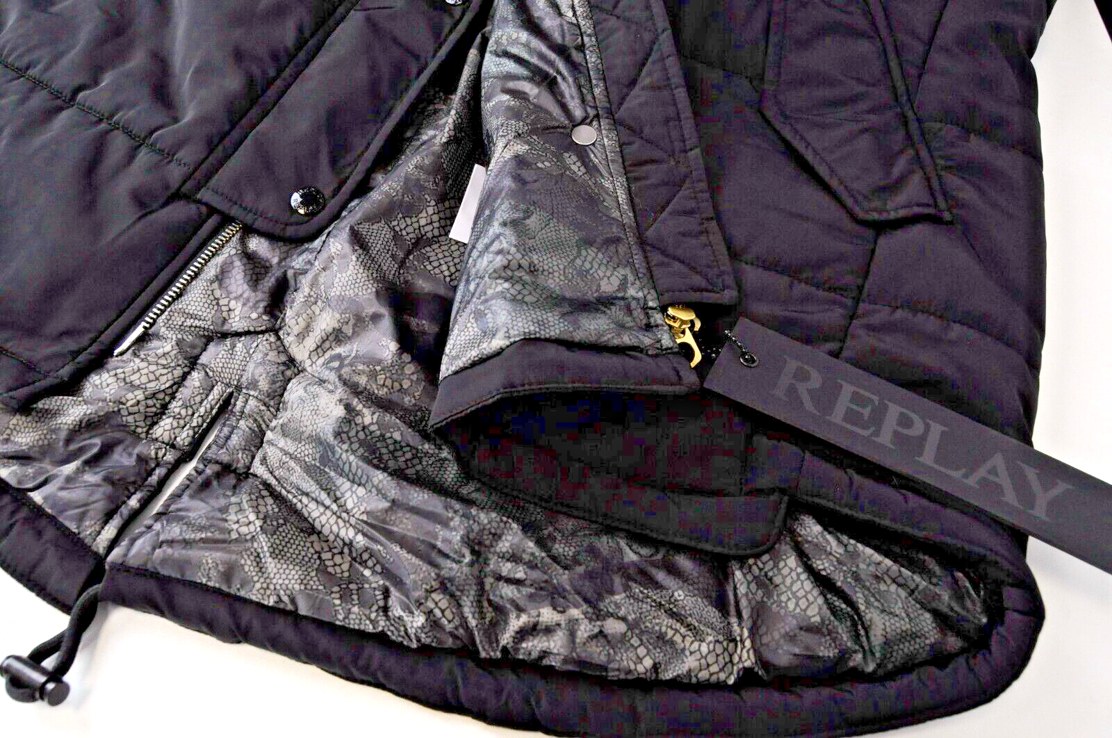 REPLAY Womens Jacket M Black Faux Fur Lined Hooded Padded Parka Long Sleeve