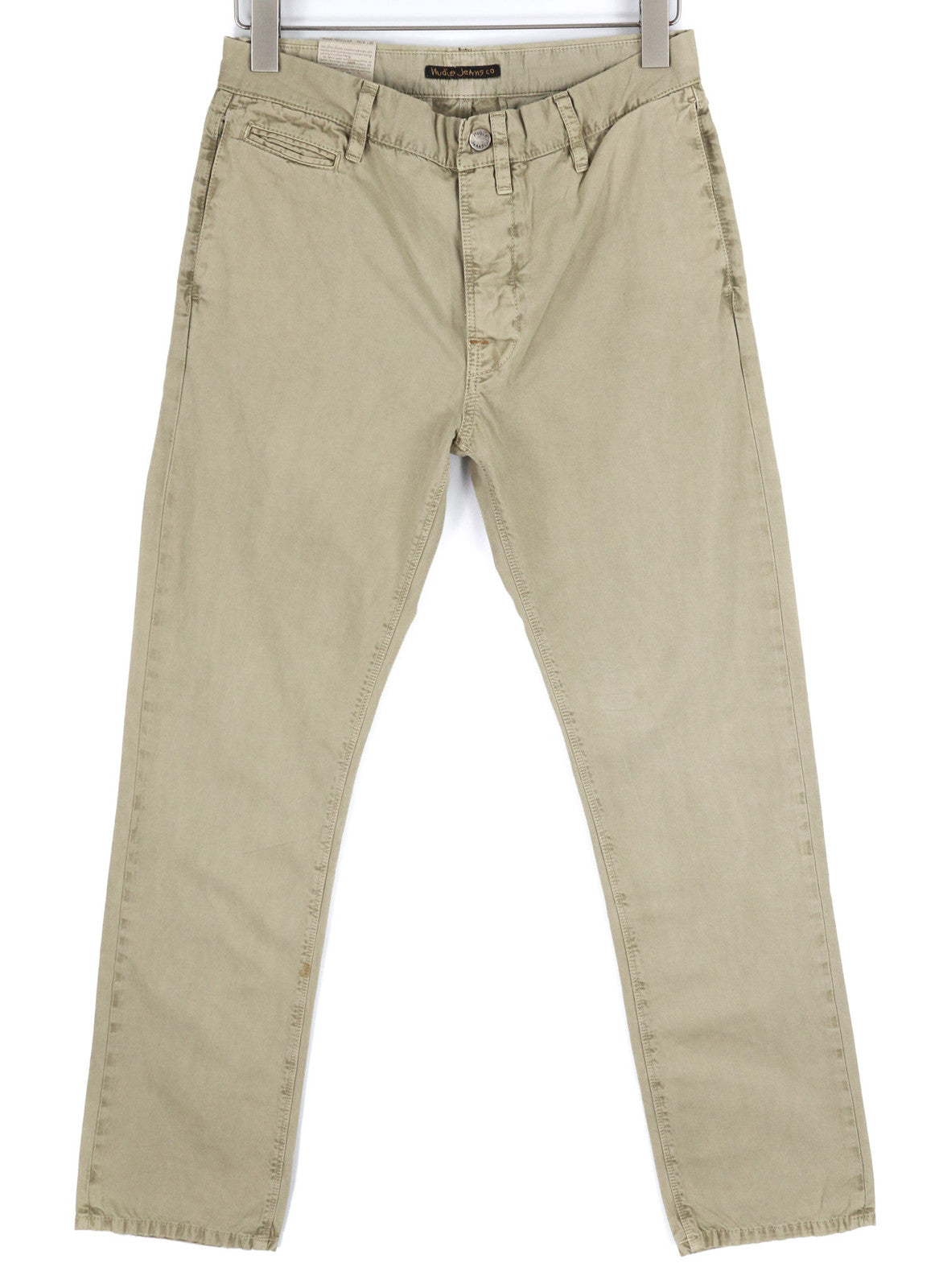 NUDIE JEANS Khaki Regular Men Trousers W29/L30 Beige Chino Button Fly Pockets