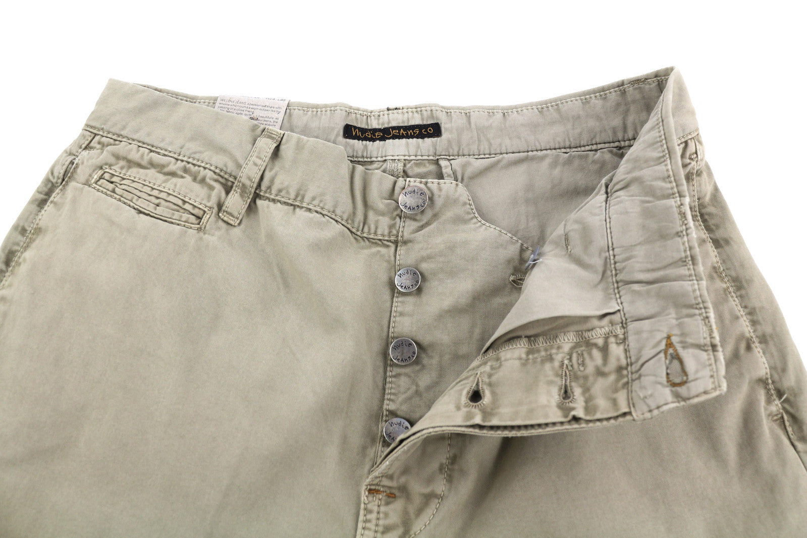 NUDIE JEANS Khaki Regular Men Trousers W29/L30 Beige Chino Button Fly Pockets