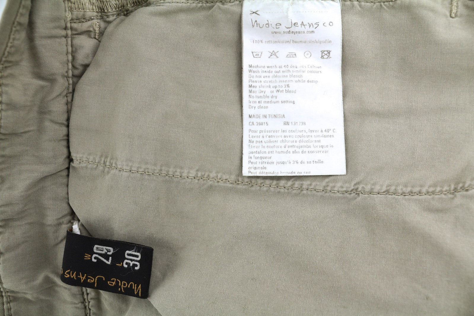 NUDIE JEANS Khaki Regular Men Trousers W29/L30 Beige Chino Button Fly Pockets