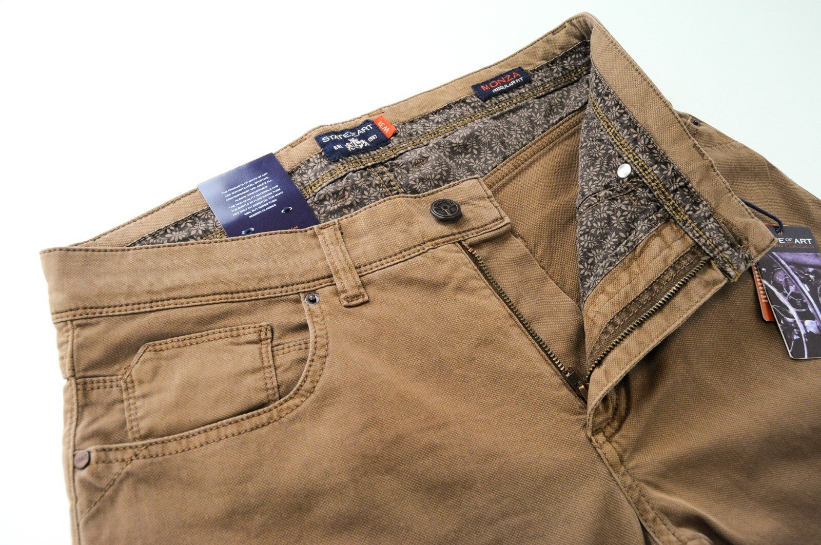 STATE OF ART Mens Trousers W31/L34 Brown Dress Regular Tapered Stretchy Monza