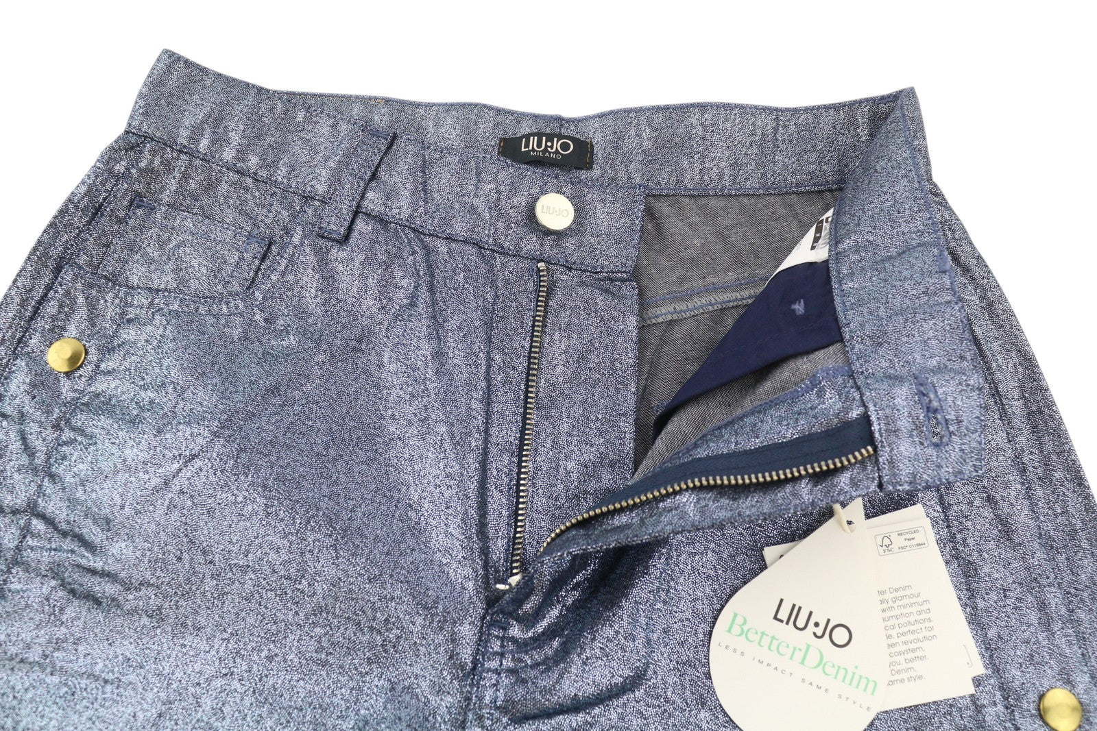 LIU JO Laminato Women Jeans W28 Glitter Shiny Snap Side Regular Fit Blue Zip Fly