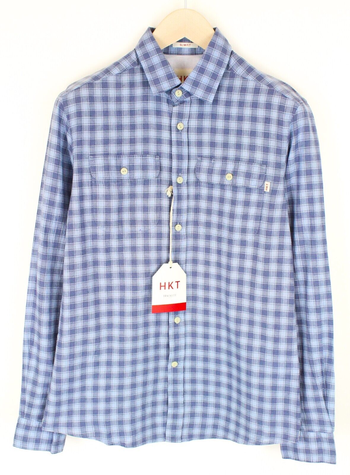 HACKETT Mens Shirt S Mid-Blue Checkered Slim  Linen Cotton Button-Up Melange