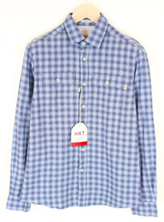 HACKETT Mens Shirt S Mid-Blue Checkered Slim  Linen Cotton Button-Up Melange