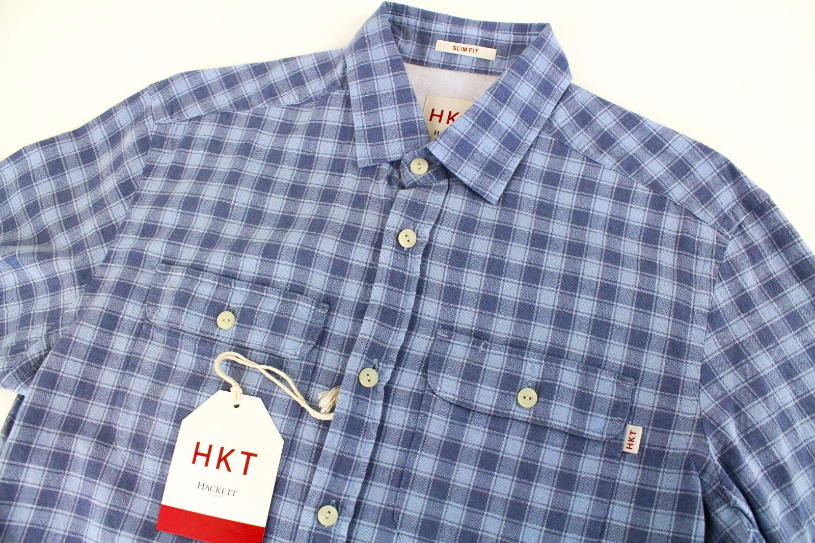 HACKETT Mens Shirt S Mid-Blue Checkered Slim  Linen Cotton Button-Up Melange