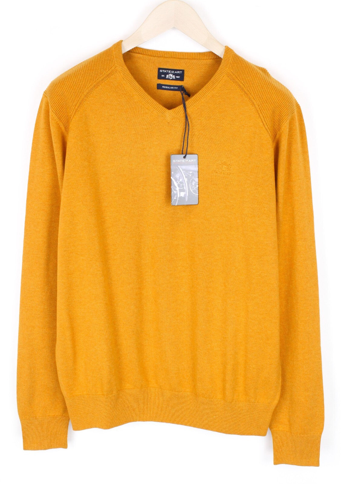 STATE OF ART Mens Sweater L Yellow Orange V-Neck Plain Tight-Knit Pullover