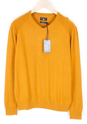 STATE OF ART Mens Sweater L Yellow Orange V-Neck Plain Tight-Knit Pullover