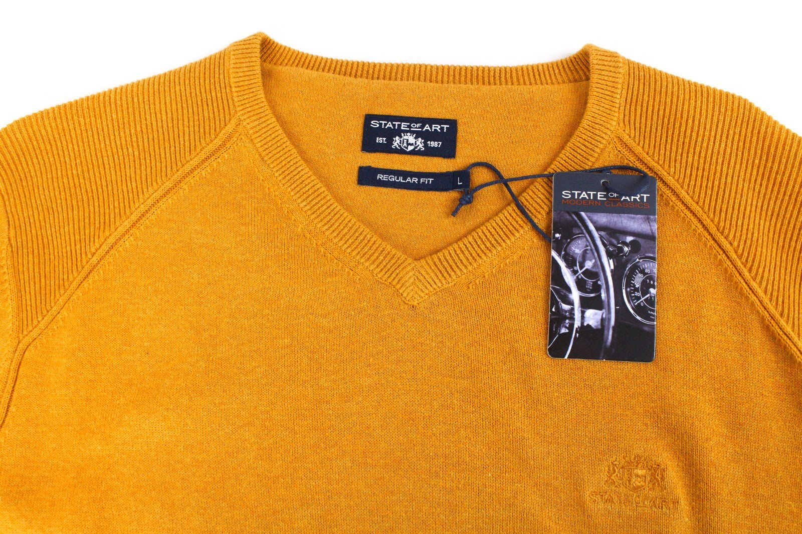 STATE OF ART Mens Sweater L Yellow Orange V-Neck Plain Tight-Knit Pullover
