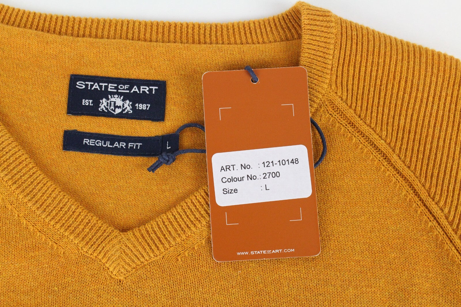 STATE OF ART Mens Sweater L Yellow Orange V-Neck Plain Tight-Knit Pullover
