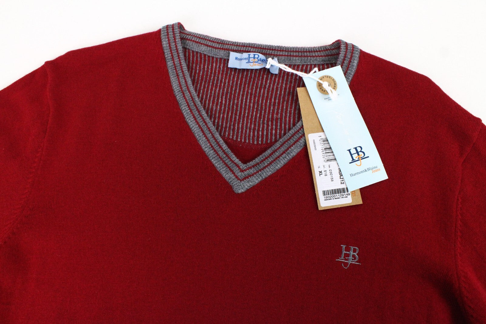 HARMONT & BLAINE Mens Sweatshirt XL Red V-Neck Wool Blend Long Sleeve Pullover