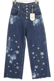LIU JO Straight Bottoni Strass Women Jeans W28 High Waist Stars Print Wide Leg