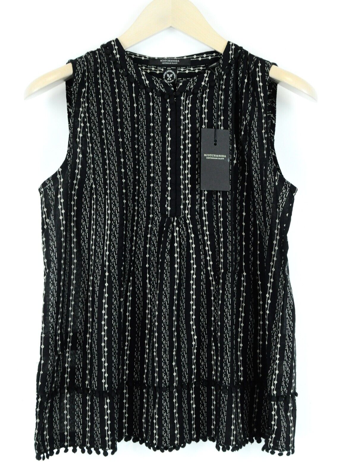 SCOTCH & SODA Ams Blauw Womens Blouse S Sleeveless Black Cotton Pom Pom Trim