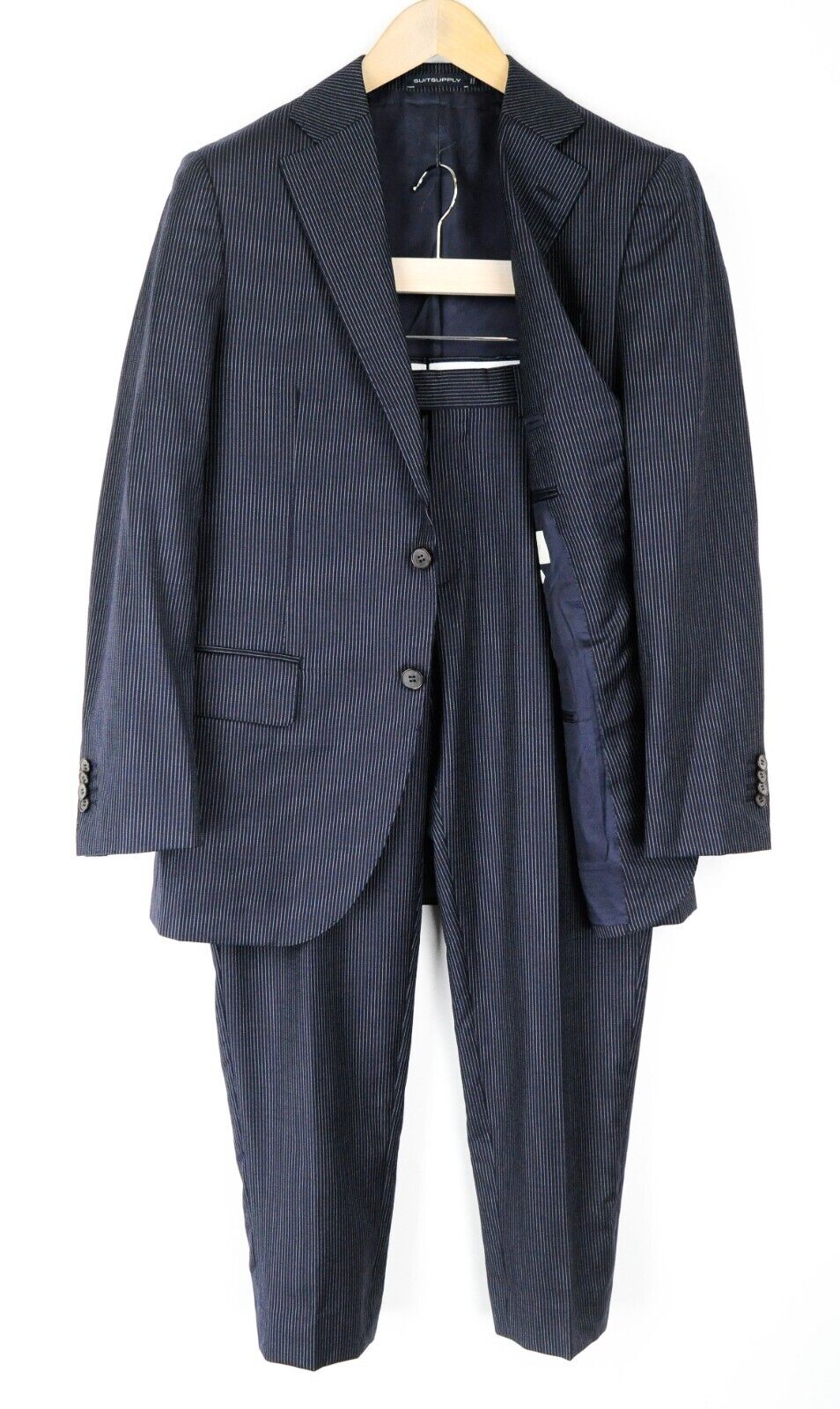 SUITSUPPLY Lazio Mens Suit UK38R Navy Slim  2 Pc Super  Wool Stripe