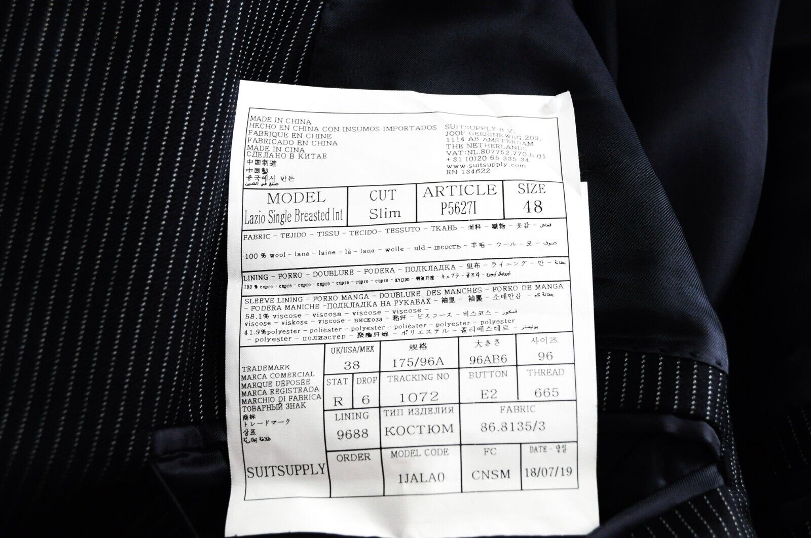 SUITSUPPLY Lazio Mens Suit UK38R Navy Slim  2 Pc Super  Wool Stripe