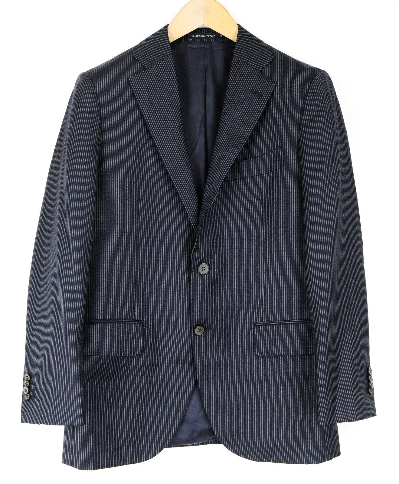 SUITSUPPLY Lazio Mens Suit UK38R Navy Slim  2 Pc Super  Wool Stripe