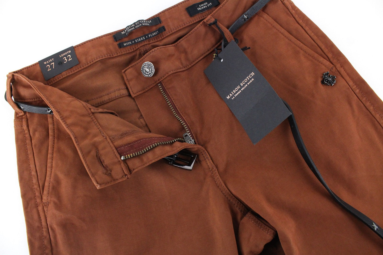 MAISON SCOTCH Womens W27/L32 Skinny  Chino Trousers Brown Stretchy Cotton Belt