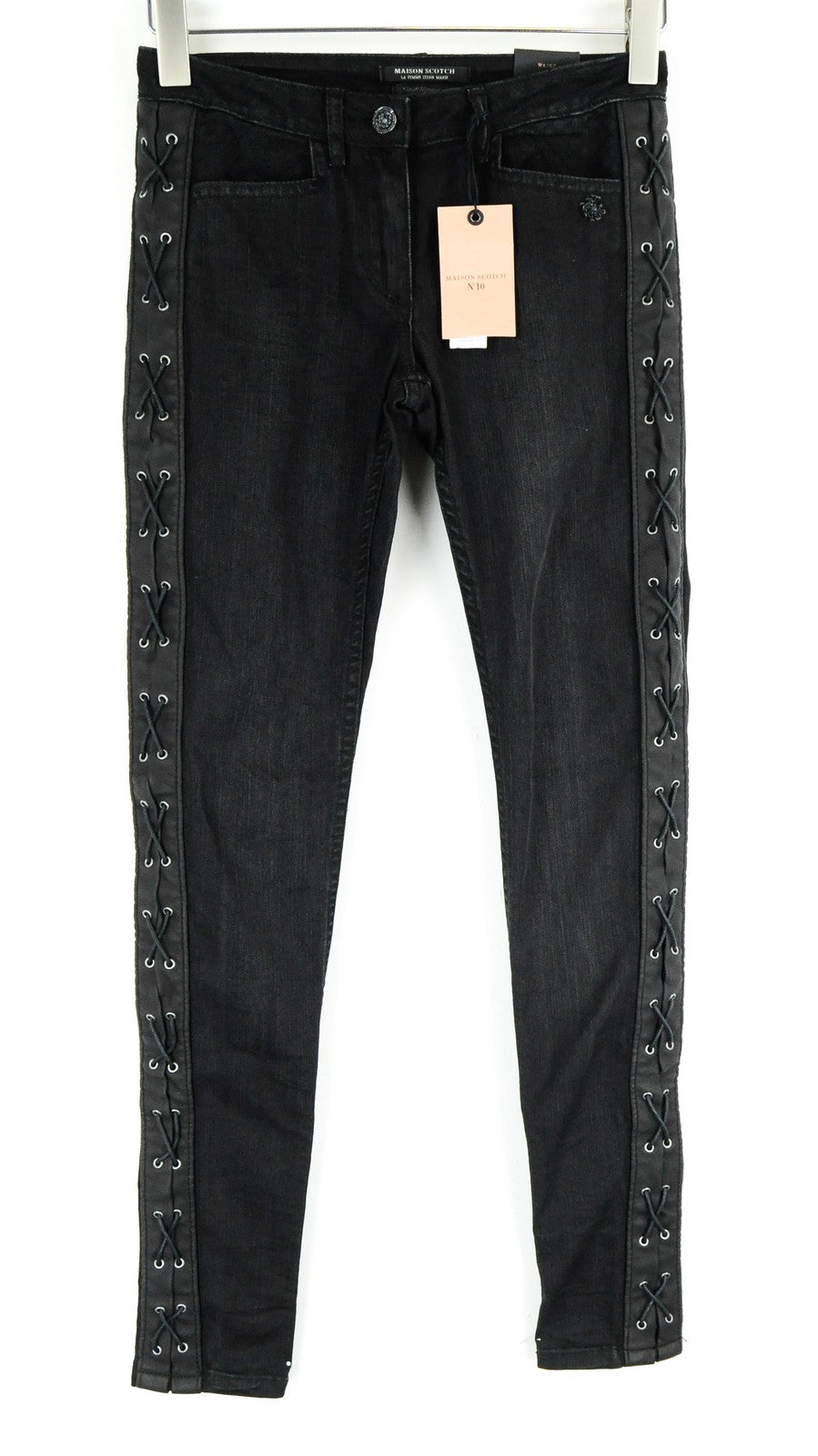 MAISON SCOTCH Womens Jeans W25 Black Skinny  Cotton Stretchy Lace Up Sides