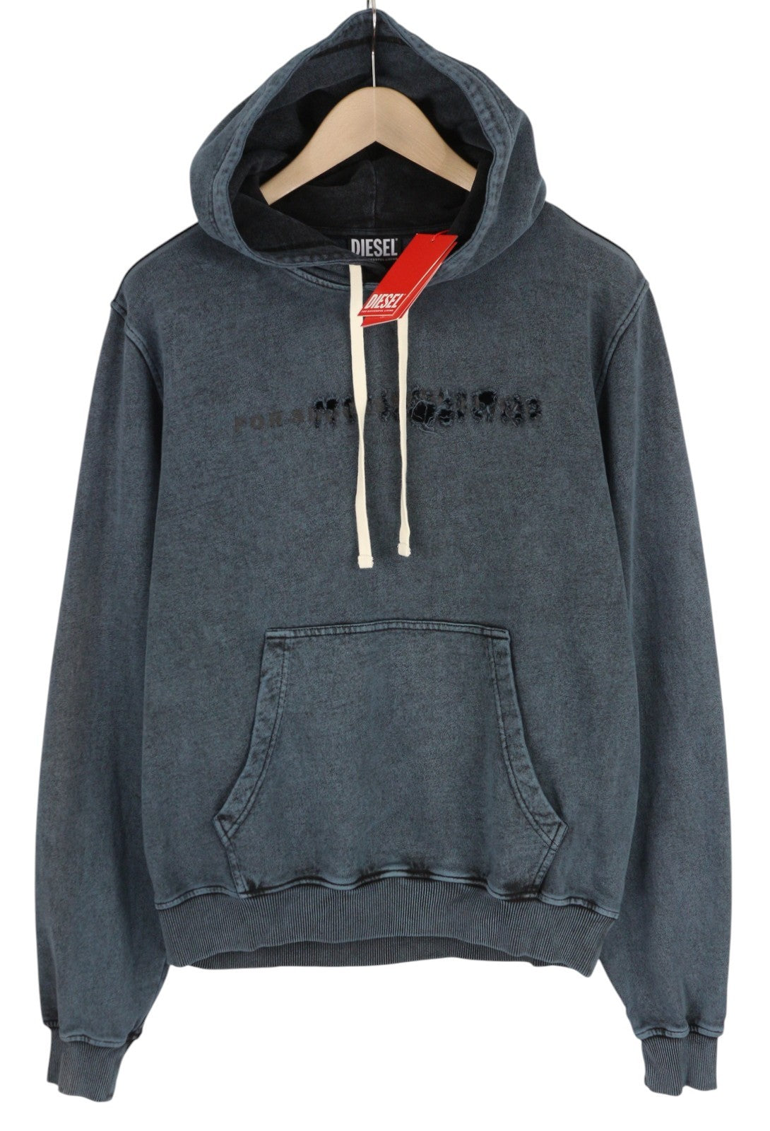 DIESEL S-Ginn-Hood-E1 Mens Hoodie L Washed Grey Distress Hood Kangaroo RRP€195