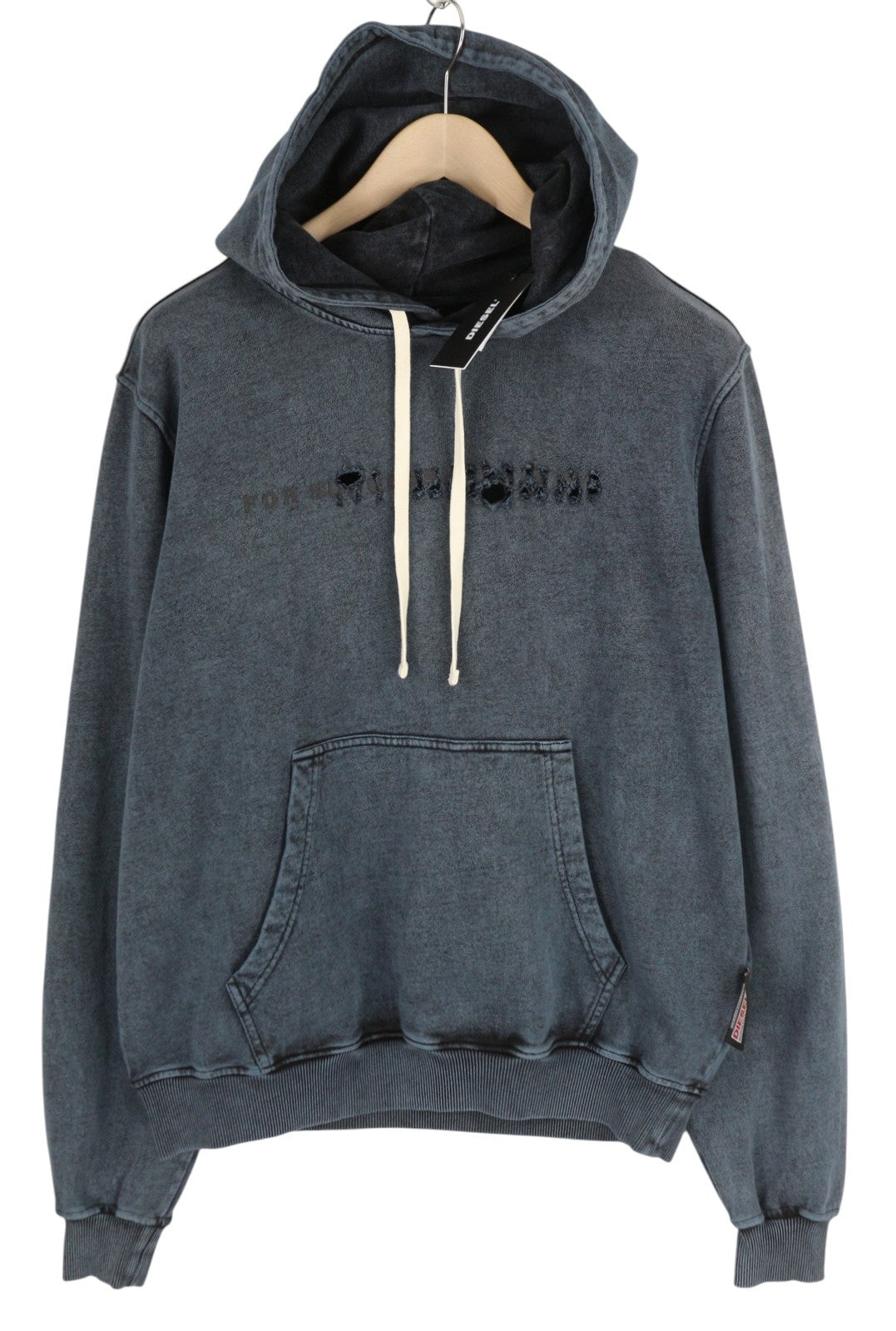 DIESEL S-Ginn-Hood-E1 Mens Hoodie L Washed Dark Grey Distress Kangaroo RRP€195
