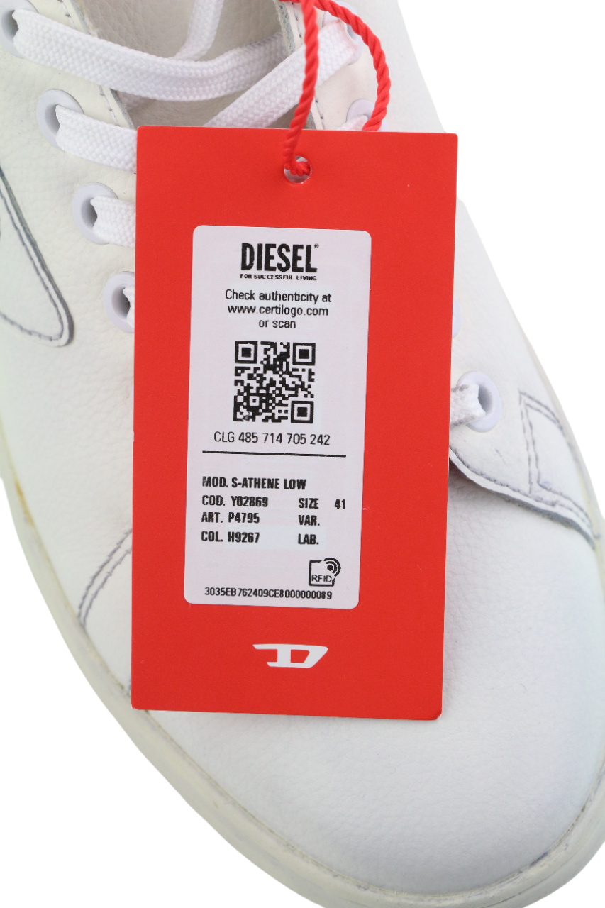 DIESEL S-Athene Low Men Sneakers EU41 White Leather Lace Up Trainers RRP€160