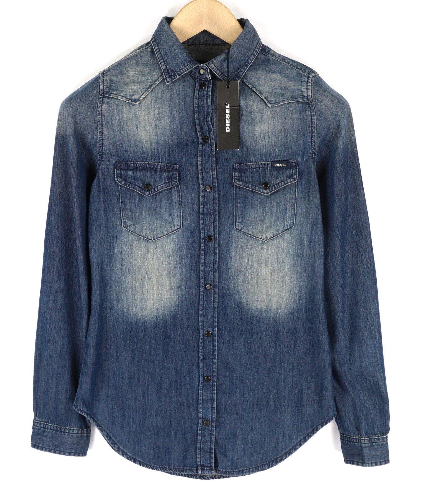 DIESEL De-Pratt Women Shirt 2XS Denim Western Washed Spread Neck Snap Buttons