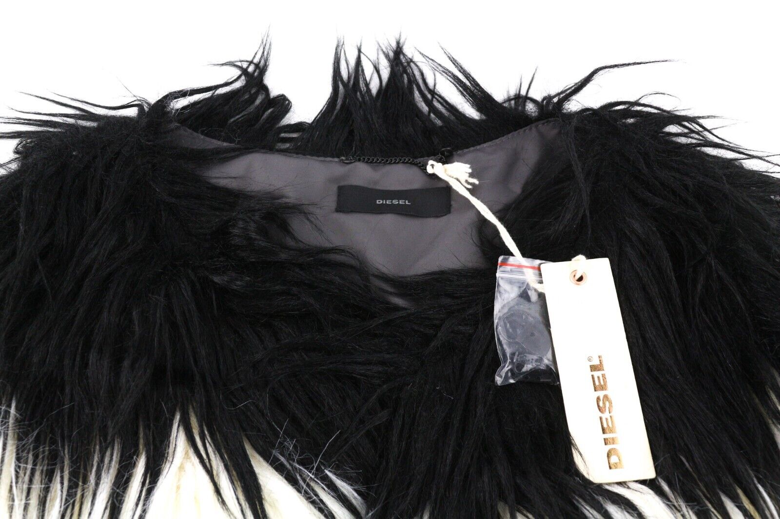 DIESEL L-Angus-A Women Waistcoat M Faux Fur Fluffy Striped Pockets Black & White