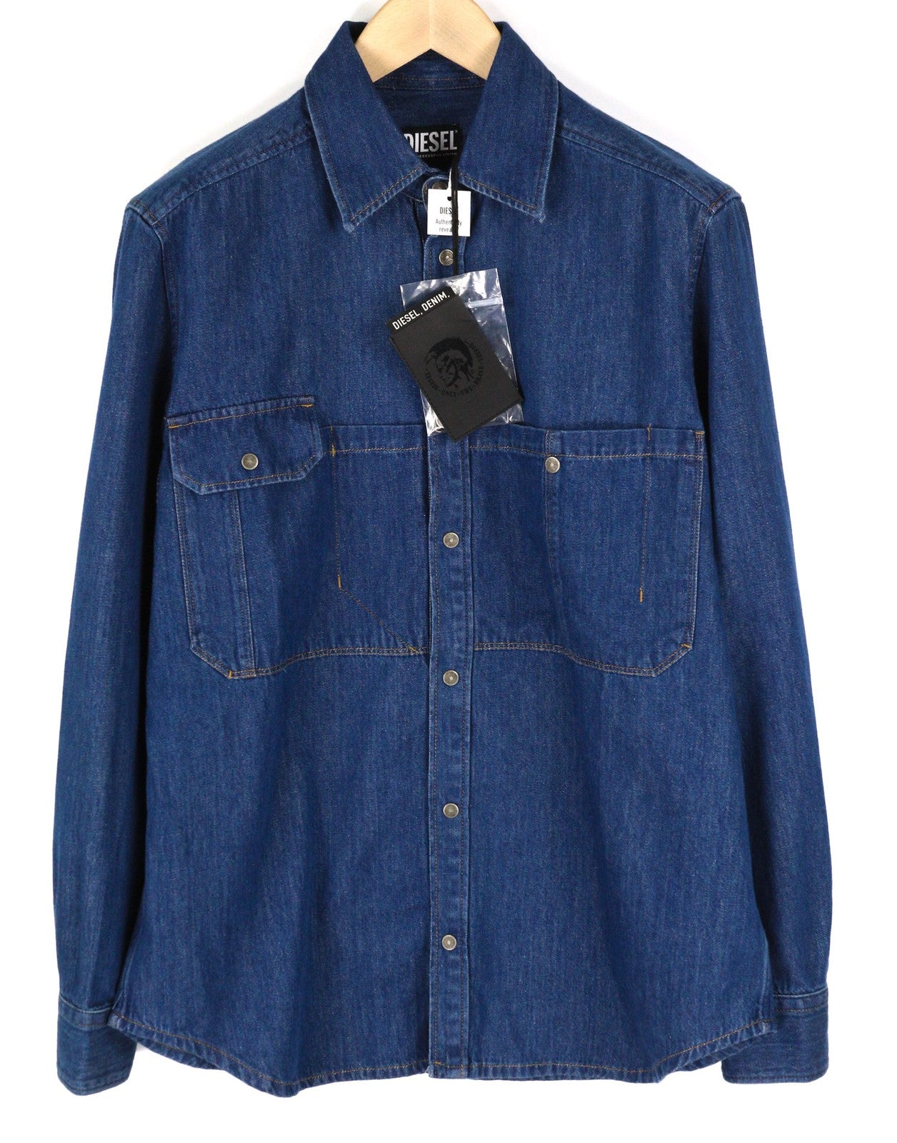 DIESEL D-Milly-SP Men Shirt M Denim Patch Pockets Snap Buttons Neck Blue RRP€199