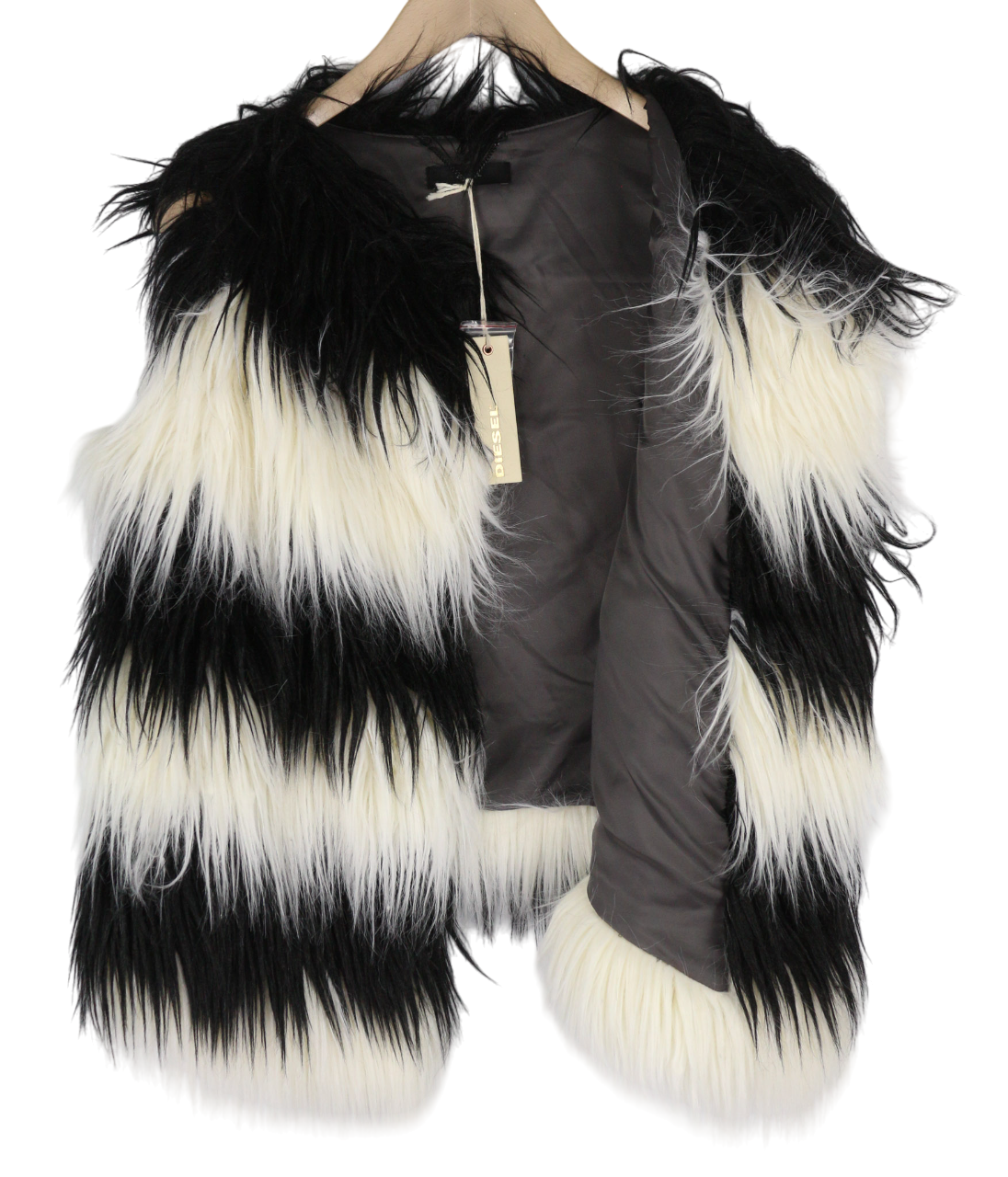 DIESEL L-Angus-A Women Waistcoat S Faux Fur Fluffy Striped Print Black & White