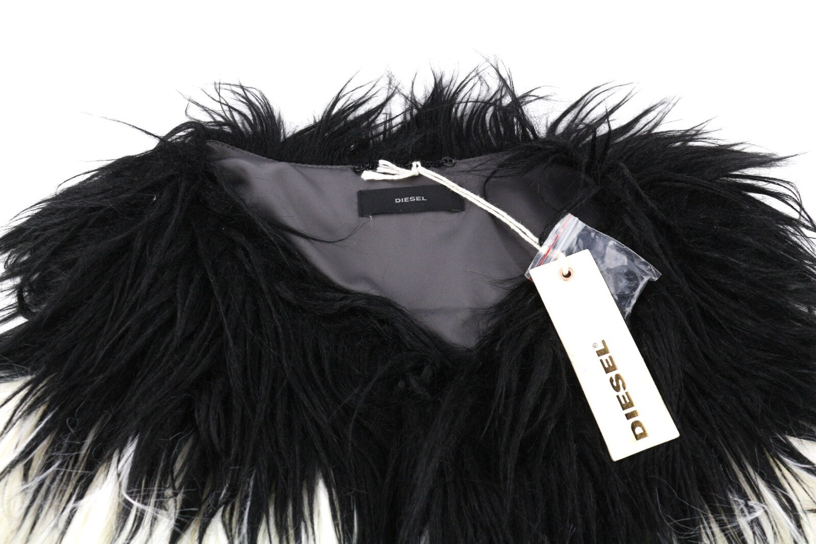 DIESEL L-Angus-A Women Waistcoat M Faux Fur Fluffy Striped Print Black & White