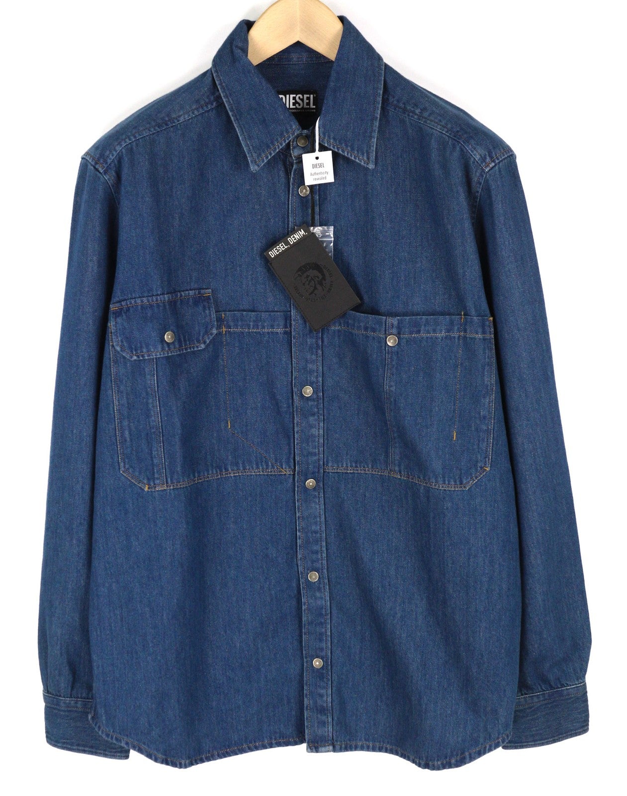 DIESEL D-Milly-SP Men Shirt L Denim Patch Pockets Snap Buttons Spread Neck Blue