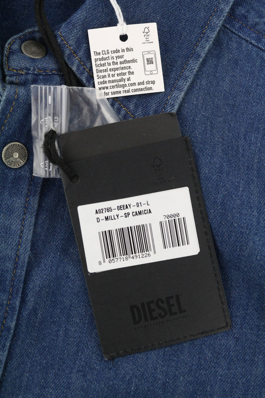 DIESEL D-Milly-SP Men Shirt L Denim Patch Pockets Snap Buttons Spread Neck Blue