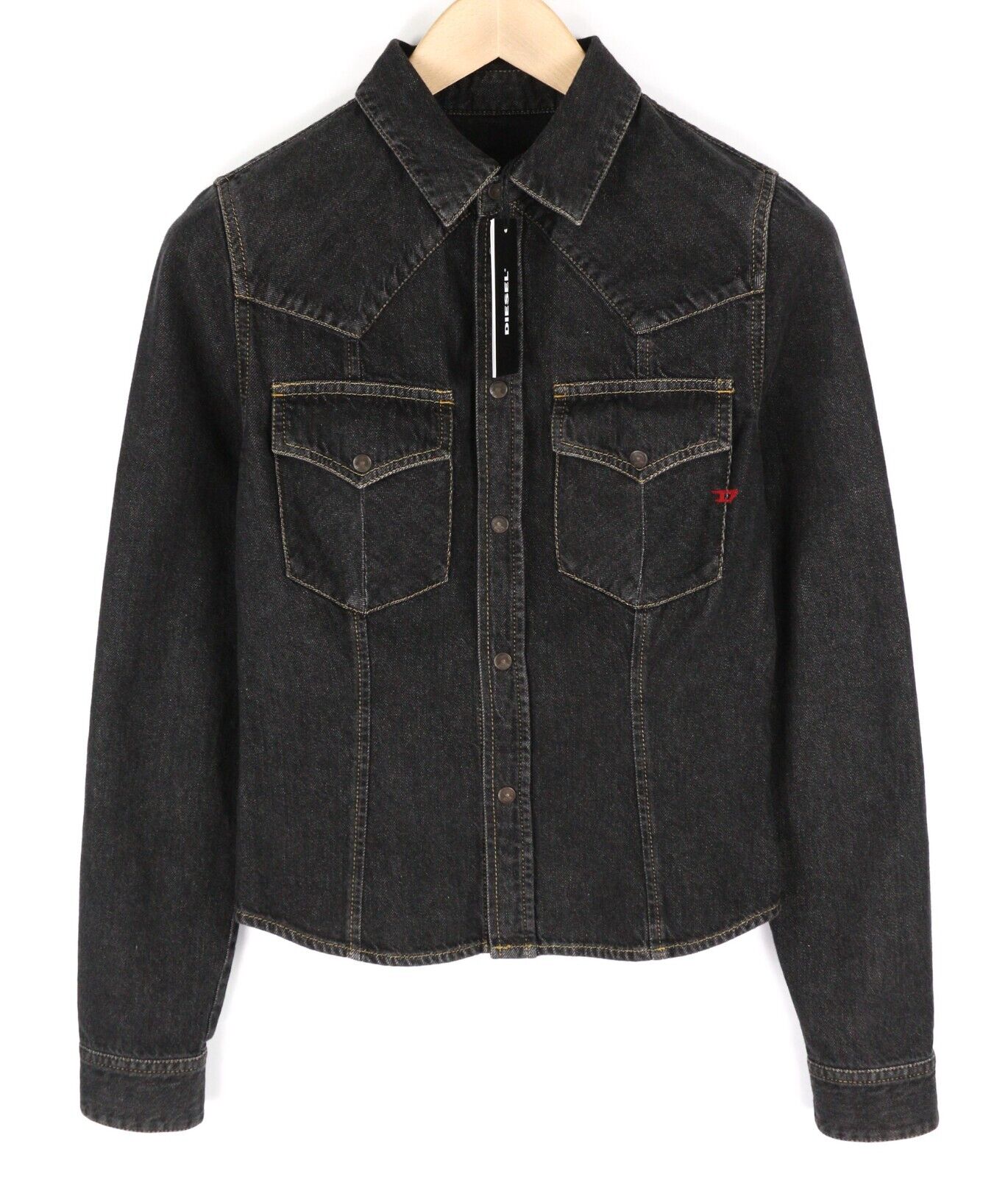 DIESEL De-Rin-F Women Shirt S Denim Western Dark Black Spread Neck Snap Buttons