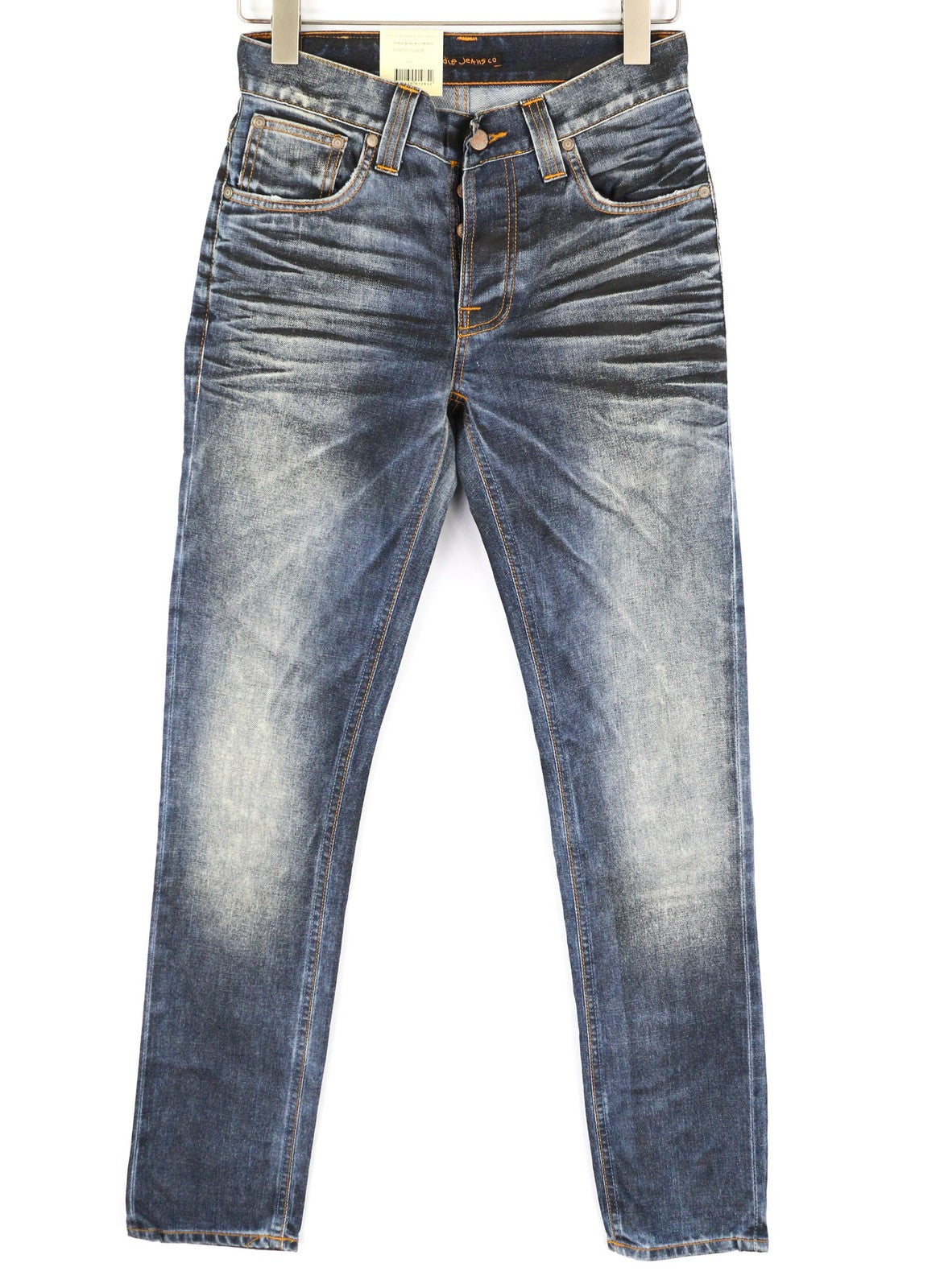 NUDIE Grim Tim Men Jeans W28/L32 Used Black Coated Slim Straight Leg Washed Logo