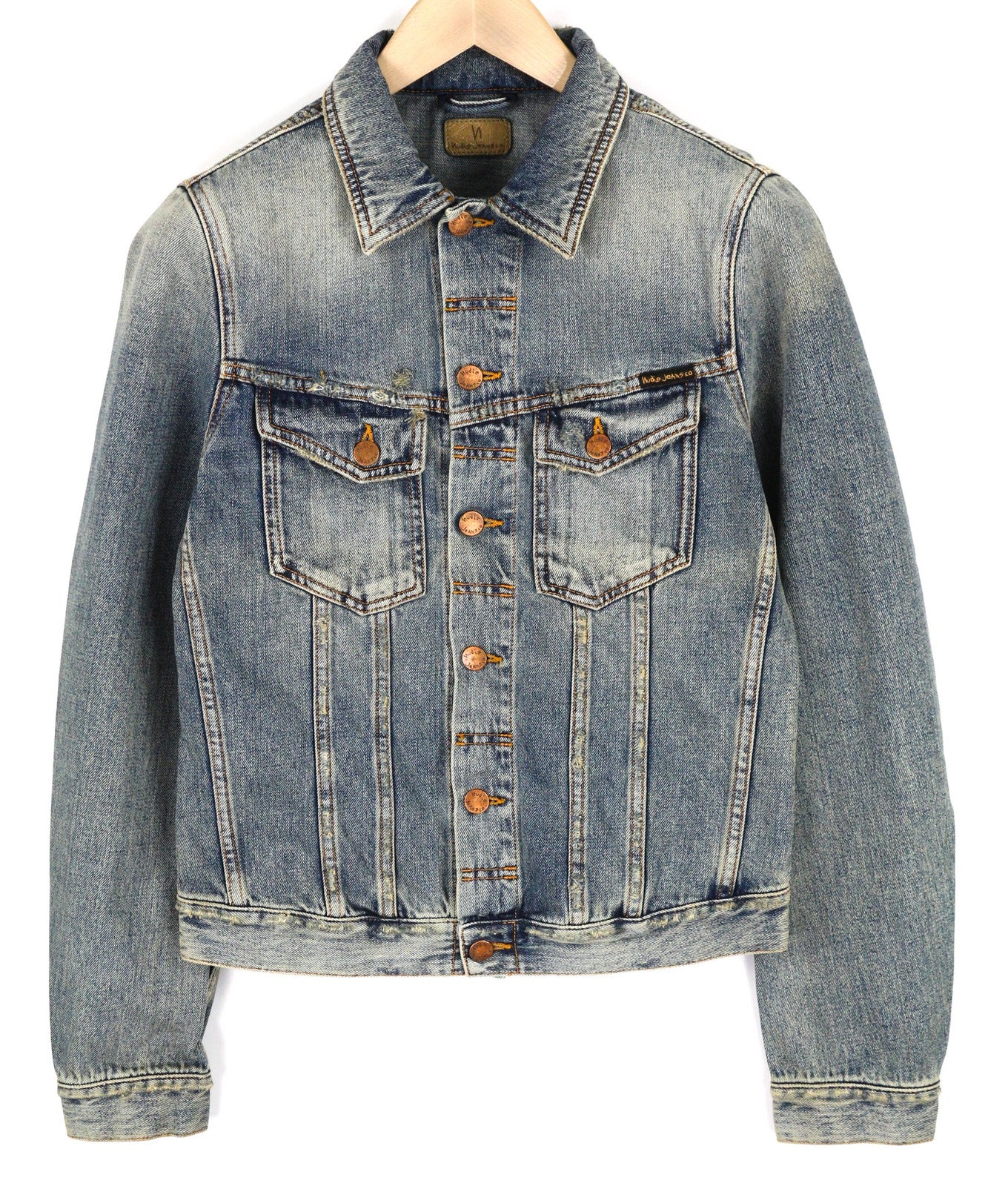 NUDIE Billy Men Jacket S Shimmering Indigo Washed Ripped Button Up  Neck