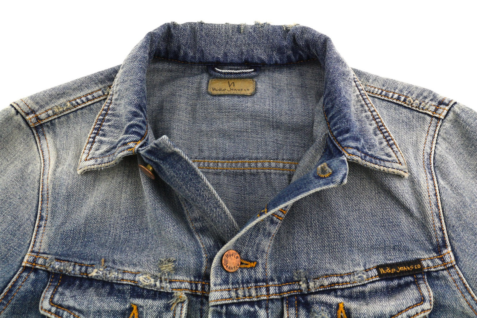 NUDIE Billy Men Jacket S Shimmering Indigo Washed Ripped Button Up  Neck