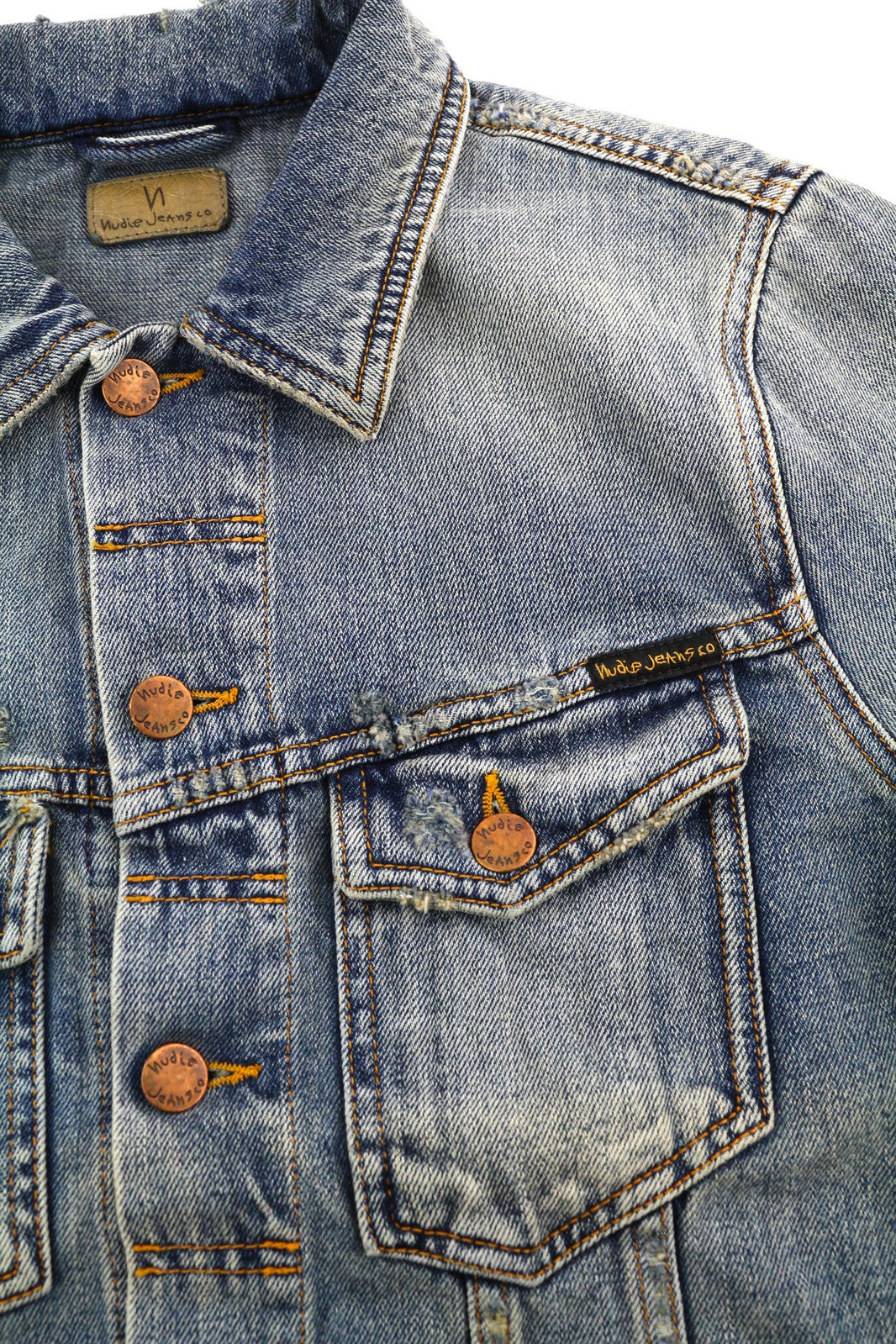 NUDIE Billy Men Jacket S Shimmering Indigo Washed Ripped Button Up  Neck