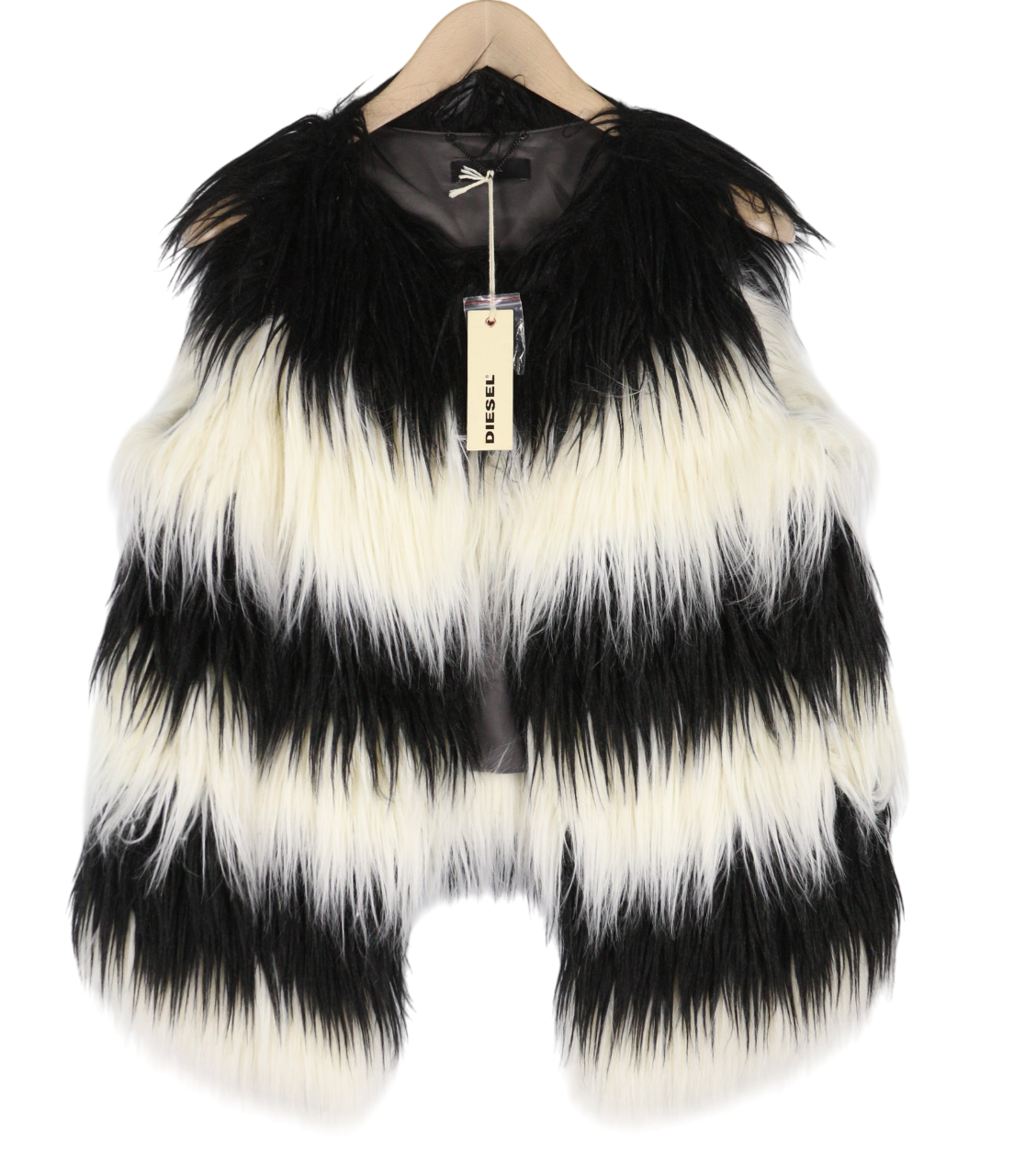 DIESEL L-Angus-A Women Waistcoat L Faux Fur Fluffy Striped Lined Black & White