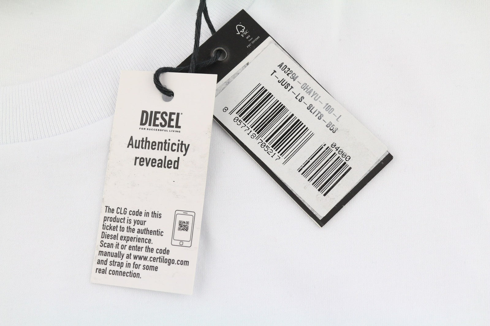 DIESEL T-Just-LS Men Sweatshirt L White Pullover Crew Neck Logo Long Sleeve