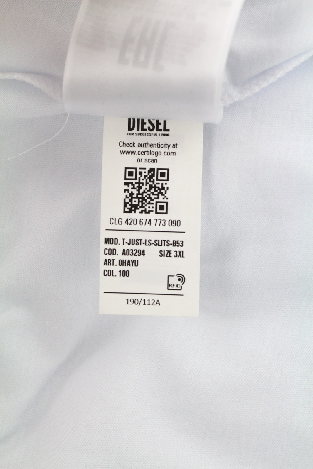 DIESEL T-Just-LS Men Sweatshirt 3XL White Pullover Crew Neck Logo Long Sleeve