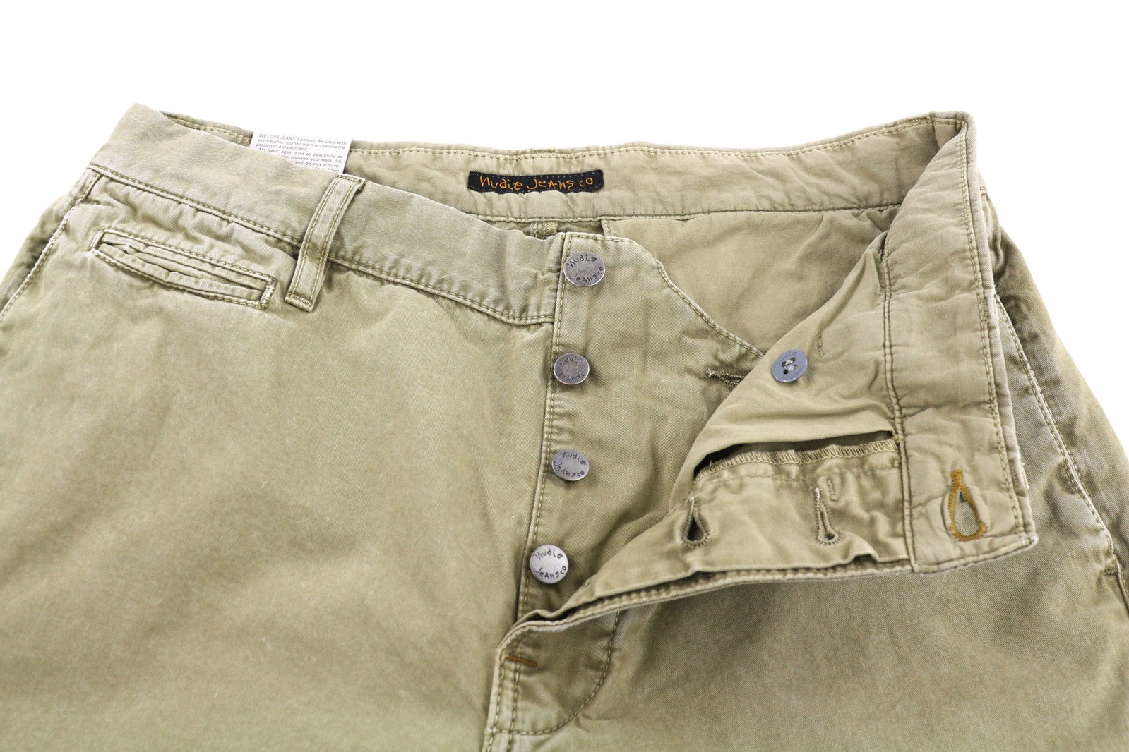 NUDIE Khaki Regular Men Trousers W30/L32 Mid Beige Buttoned Pockets Logo Chino
