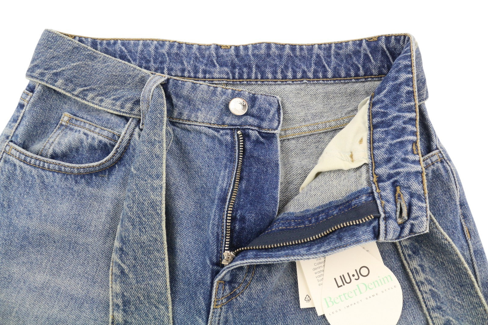 LIU JO Boy Women Jeans W28 Loose Fit High Waist Ankle Belted Washed Blue Denim