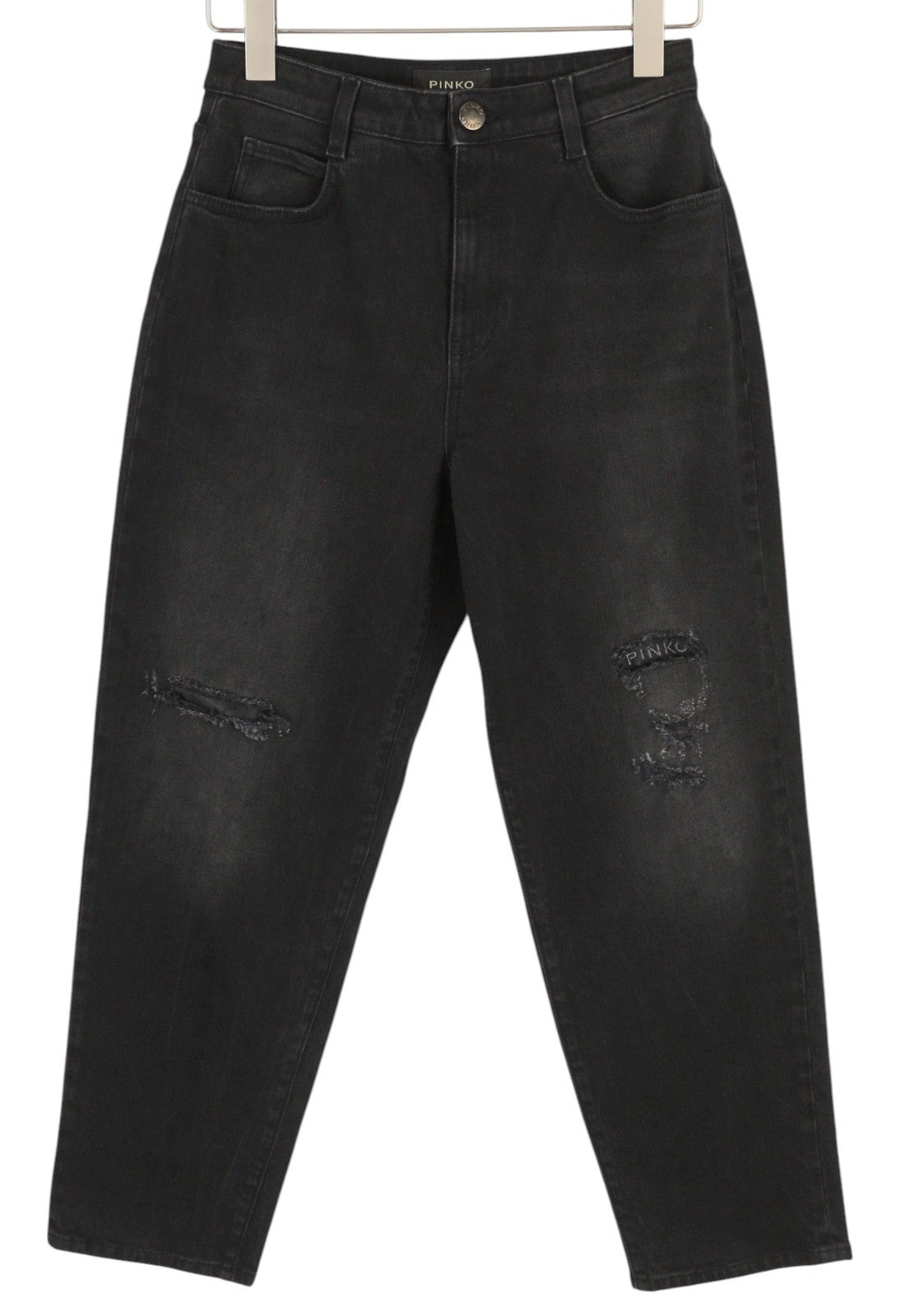 PINKO Maddie Women Jeans W27 Ripped Distress Washed Black Denim Zip Fly Logo