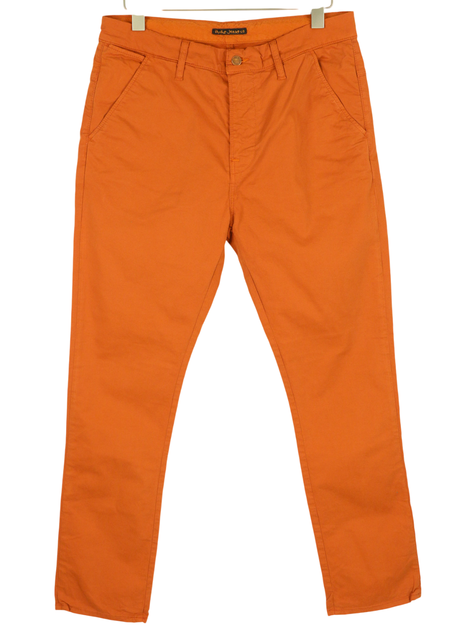NUDIE Khaki Slim Men Trousers W33/L32 Organic Warm Orange Zip Fly Logo Chino
