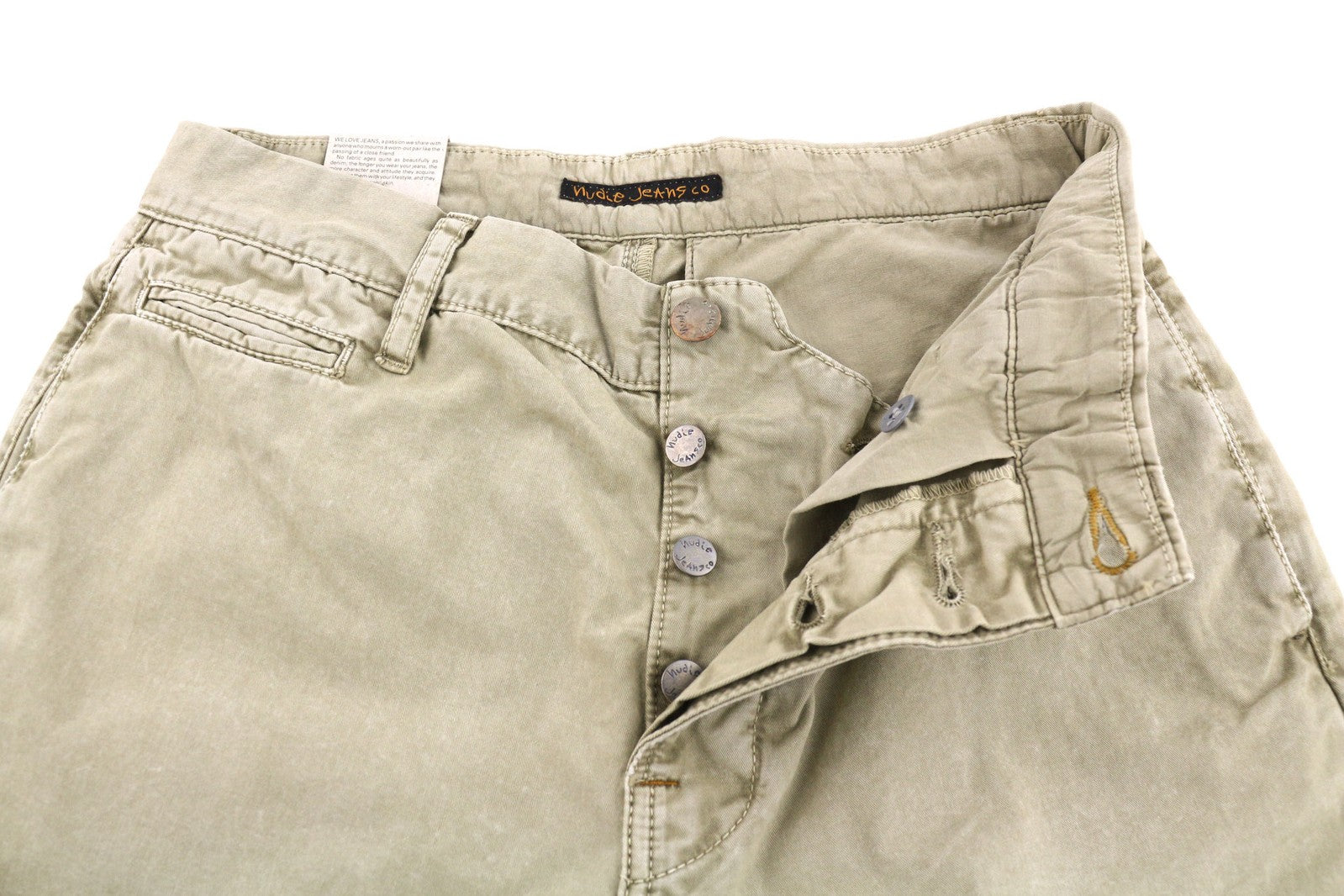 NUDIE Khaki Regular Men Trousers W28/L32 Mid Beige Buttoned Pockets Logo Chino