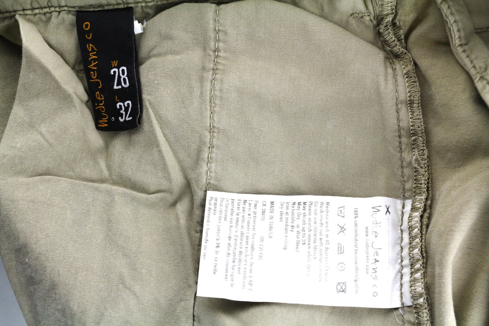 NUDIE Khaki Regular Men Trousers W28/L32 Mid Beige Buttoned Pockets Logo Chino